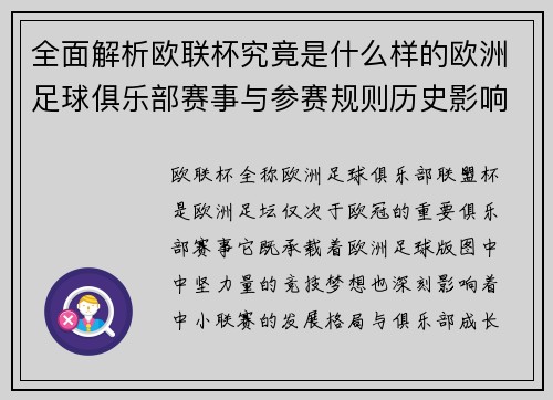 全面解析欧联杯究竟是什么样的欧洲足球俱乐部赛事与参赛规则历史影响